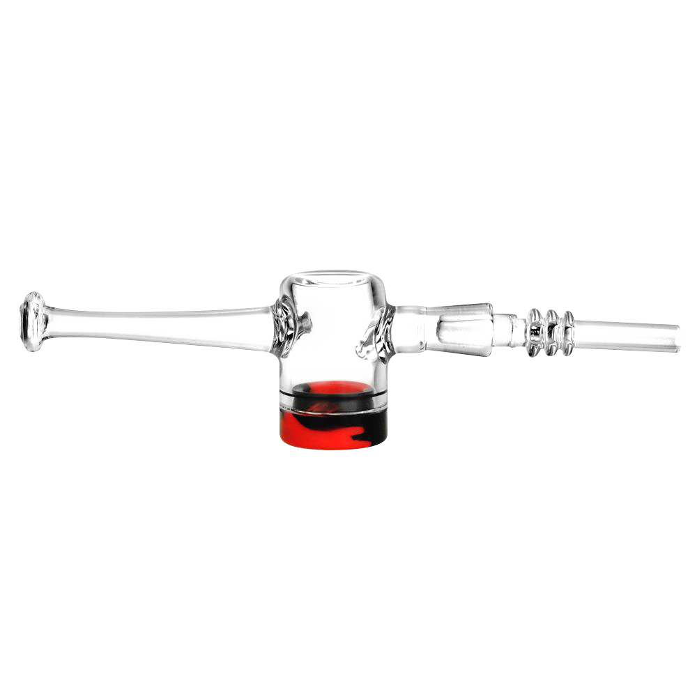 Side profile of the Reclaimer Dab Straw showing clear glass arms and a cylindrical chamber with a red-and-black base.