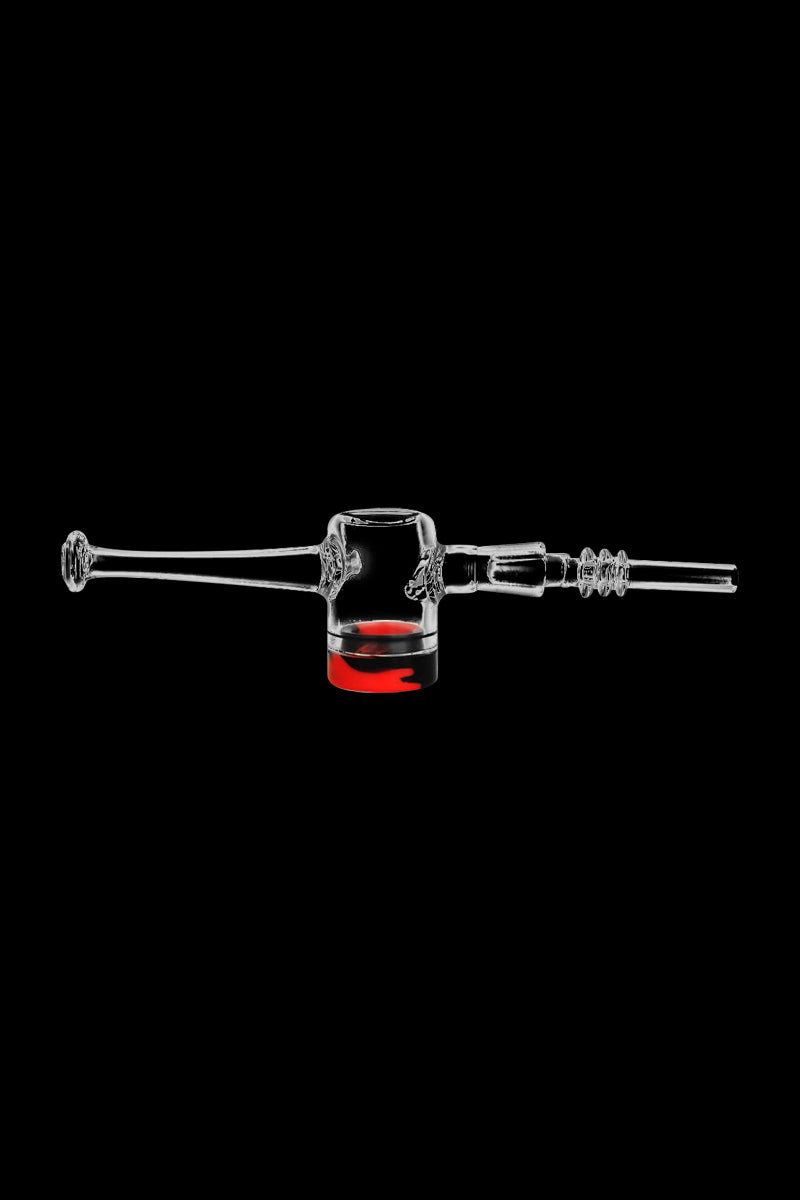 Centered horizontal view of a clear glass Reclaimer Dab Straw with a small red accent in the base against a black background