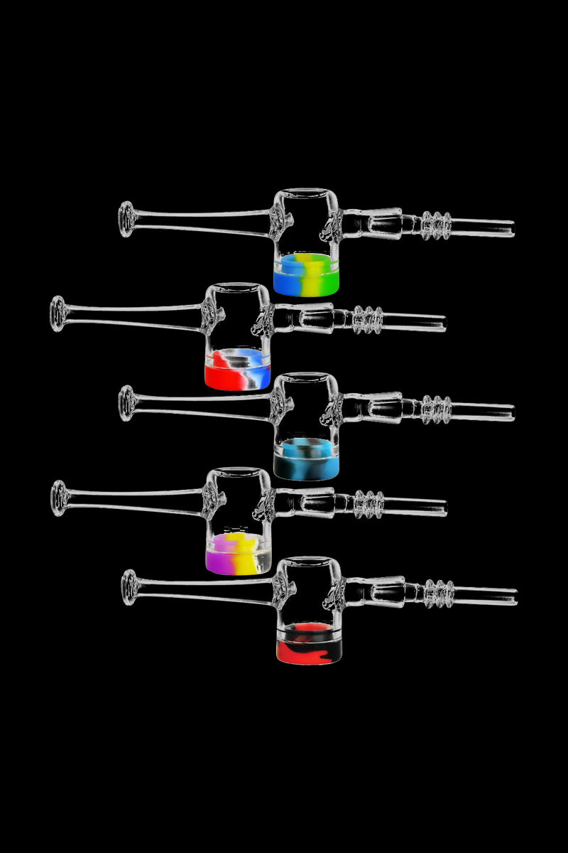 Five stacked Reclaimer Dab Straw pieces shown in profile against a black background, each clear glass shaft with a colorful silicone tip.