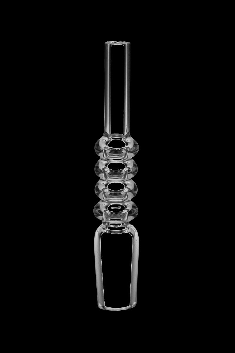 A close-up view of the Quartz Dab Straw Collector Tip, showing its clear glass construction and elongated shape.