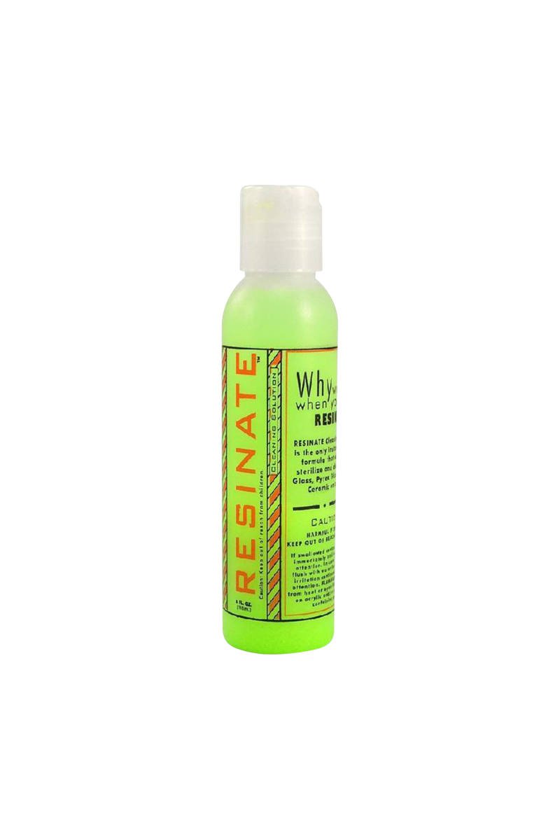 Centered front view of a neon green Resinate Cleaning Solution 5.00% Off Auto renew bottle with label text and a translucent flip cap.