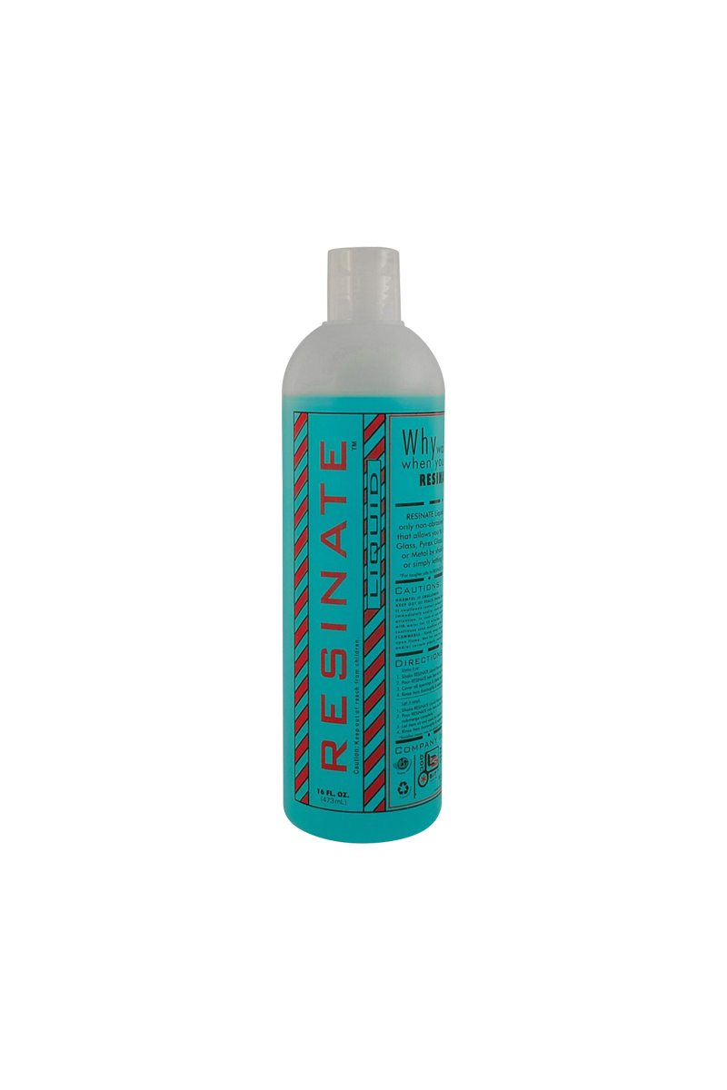 Front-facing bottle of Resinate Liquid Cleaning 16oz Solution with a turquoise label and bold red vertical logo against a white background