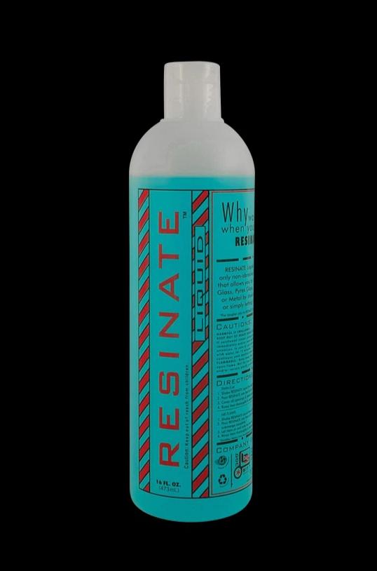 Front-facing bottle shot of Resinate Liquid Cleaning 16oz Solution with its turquoise label and red vertical logo centered on a black background