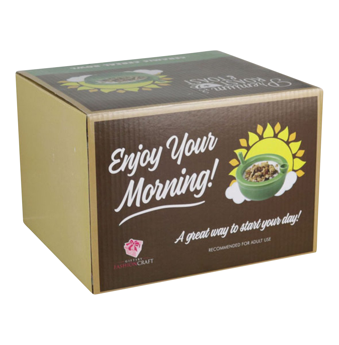 Front view of the Roast And Toast Ceramic Cereal Bowl Pipe, displaying text that reads "Enjoy Your Morning!" in a bright, modern design.
