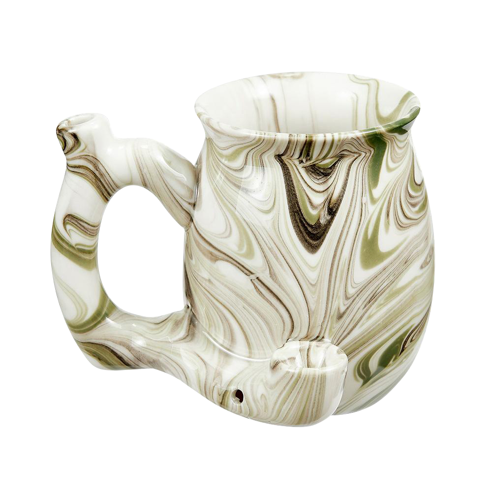 A slightly angled view of the Roast & Toast Premium Marbled Ceramic Pipe Mug, showcasing its white and grey marbled pattern.