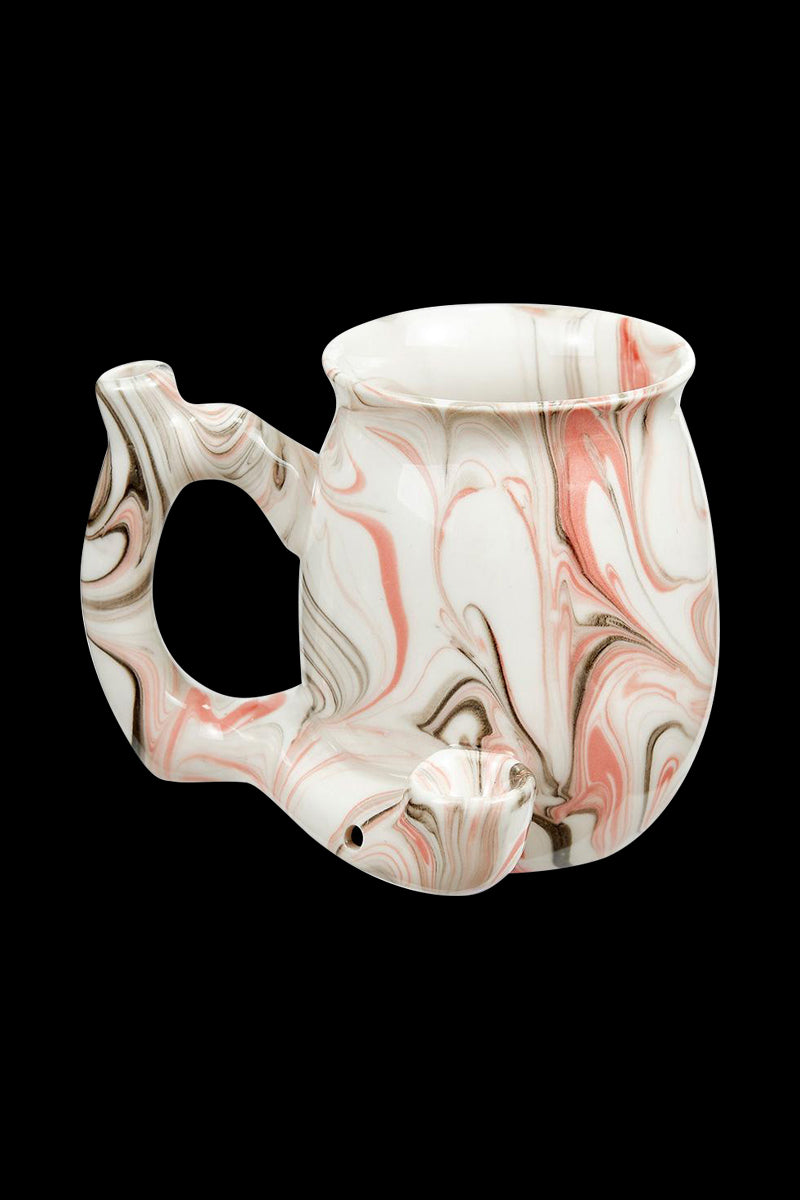 A close-up, angled view of the Roast & Toast Premium Marbled Ceramic Pipe Mug, showing its swirling white and grey marbled design.