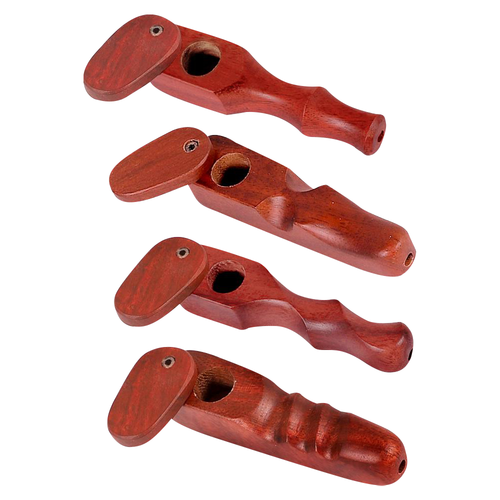 A close-up, angled view of the Rosewood Spoon Pipe with Swivel Lid, showcasing its dark wood grain and compact design.