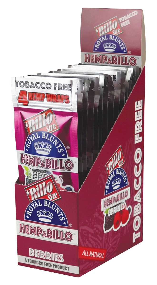 Angled front view of a counter display of Royal Blunts Hemparillo Hemp Wraps - 15 Pack showing glossy berry-themed pouches in a red cardboard holder.