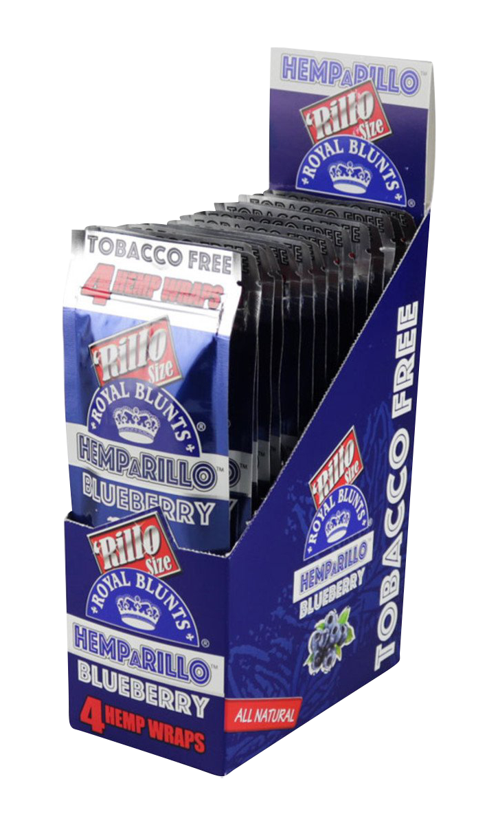 Three-quarter view of a countertop display of Royal Blunts Hemparillo Hemp Wraps - 15 Pack showing stacked blueberry-blue foil packets and bold "TOBACCO FREE" side text.