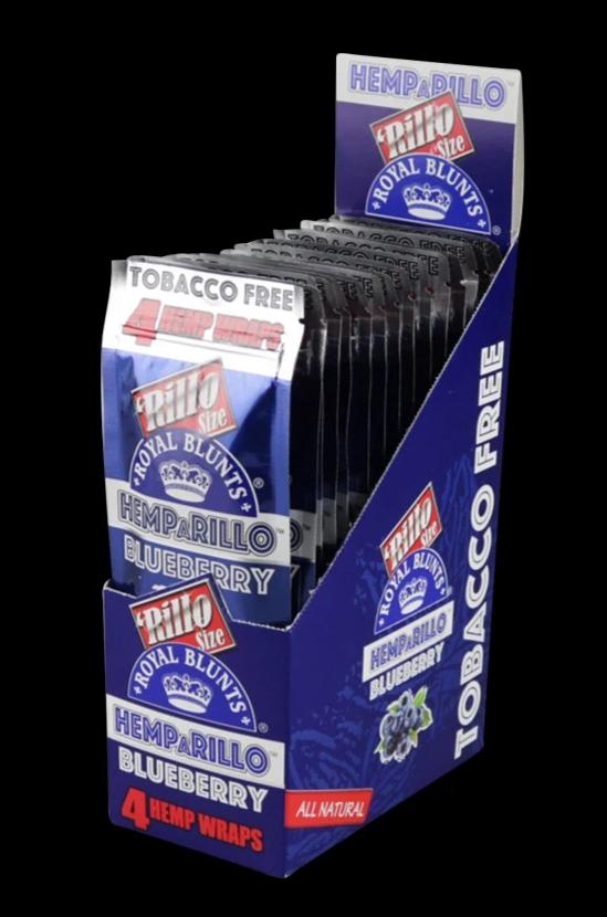 Angled view of a countertop display of Royal Blunts Hemparillo Hemp Wraps - 15 Pack showing individual blueberry packets in rows.