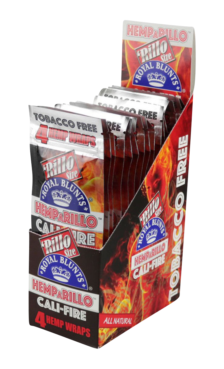 Angled front view of a display box of Royal Blunts Hemparillo Hemp Wraps - 15 Pack showing individual fiery red and silver Cali-Fire foil pouches.
