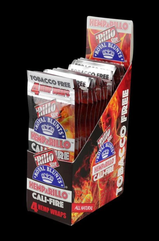 Angled front view of a countertop display of Royal Blunts Hemparillo Hemp Wraps - 15 Pack 5.00% Off Auto renew showing fiery red Cali-Fire packaging and stacked foil pouches.