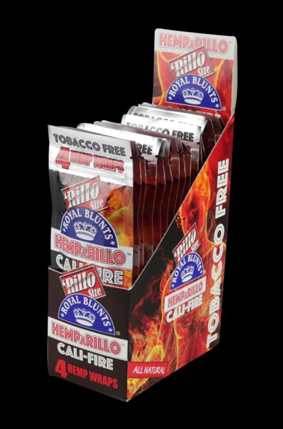 Angled view of a countertop display of Royal Blunts Hemparillo Hemp Wraps - 15 Pack showing multiple red Cali-Fire packets with flame graphics against a black background