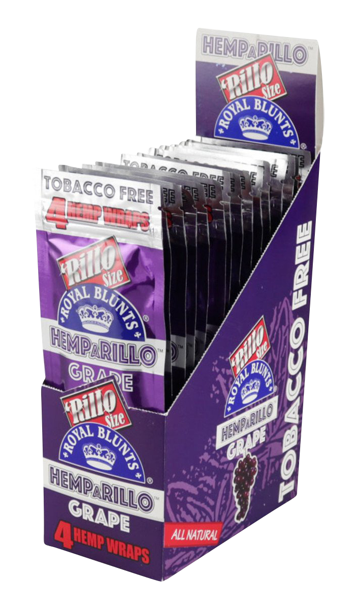 Three-quarter front view of the Royal Blunts Hemparillo Hemp Wraps - 15 Pack display box showing purple grape packets labeled "tobacco free."