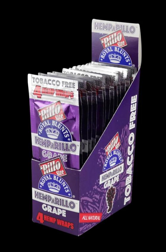 Angled three-quarter view of a purple countertop box displaying Royal Blunts Hemparillo Hemp Wraps - 15 Pack with individual grape-flavored foil packs fanned inside.