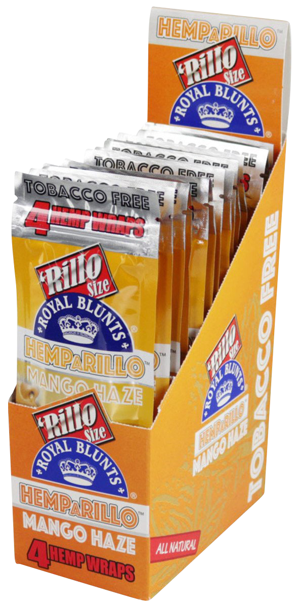 Angled front view of the Royal Blunts Hemparillo Hemp Wraps - 15 Pack display box of yellow mango haze packets.