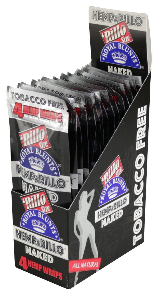 Angled view of a countertop display of Royal Blunts Hemparillo Hemp Wraps - 15 Pack showing individual black foil packets fanned inside a black branded box labeled "TOBACCO FREE."