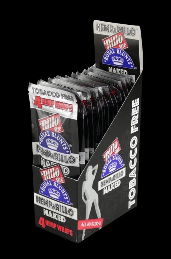 Angled front view of a counter display box of Royal Blunts Hemparillo Hemp Wraps - 15 Pack showing individual silver Naked packets neatly fanned inside against a black background