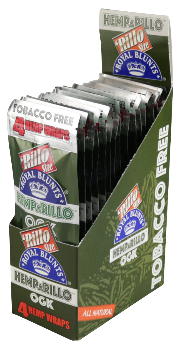 Angled front view of a display box of Royal Blunts Hemparillo Hemp Wraps - 15 Pack showing multiple green foil packets and bold "Tobacco Free" text.