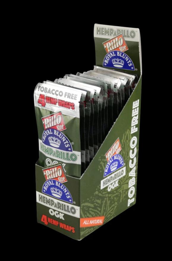 Angled view of a countertop display of Royal Blunts Hemparillo Hemp Wraps - 15 Pack showing multiple green foil packets.