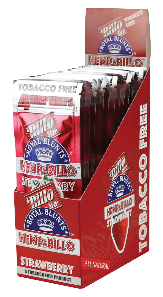 Angled front view of a counter display of Royal Blunts Hemparillo Hemp Wraps - 15 Pack in red strawberry foil sleeves stacked inside branded packaging.