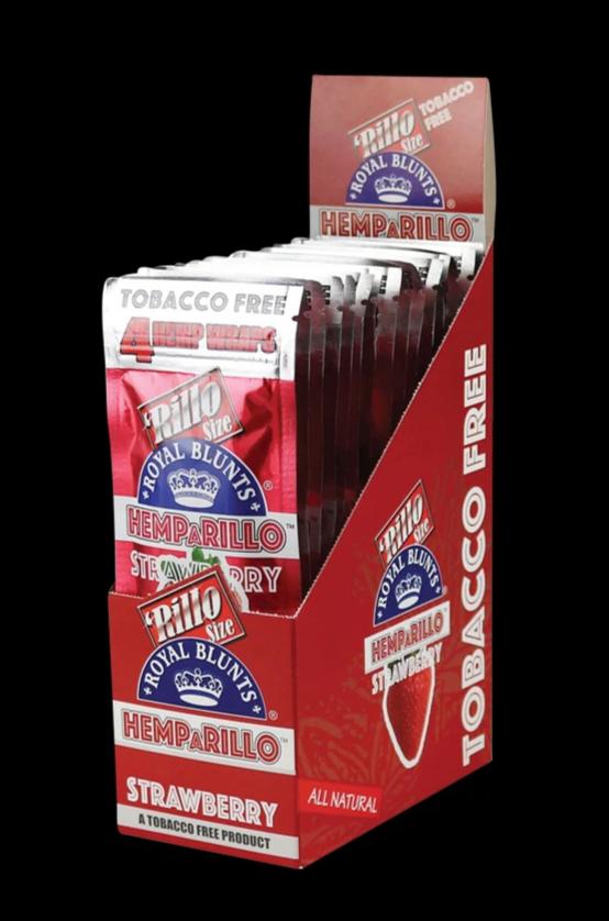 Angled front view of a red countertop display of Royal Blunts Hemparillo Hemp Wraps - 15 Pack showing individual strawberry-flavored foil pouches stacked inside against a black background
