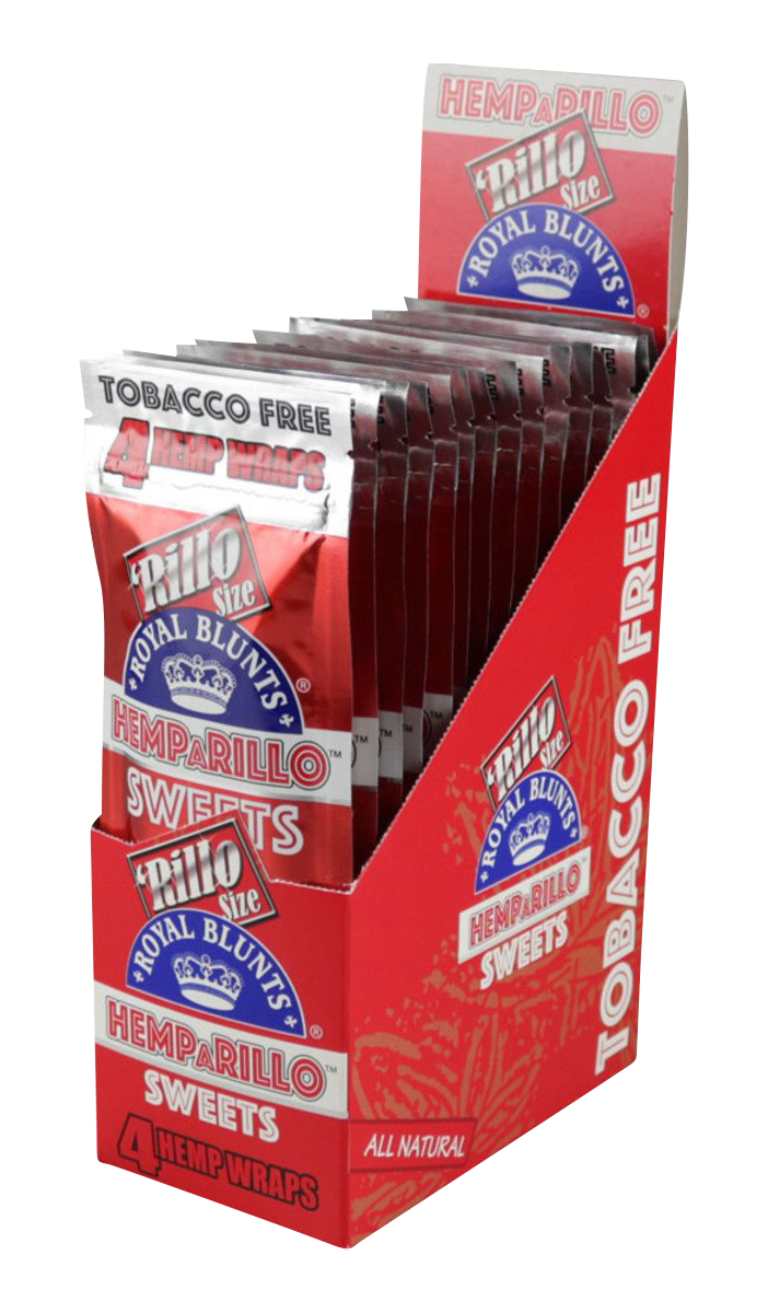 Angled front view of a red countertop display box of Royal Blunts Hemparillo Hemp Wraps - 15 Pack showing individually foil-wrapped packs and bold "tobacco free" text.