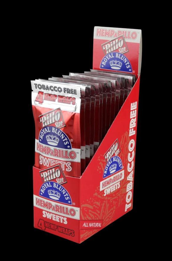 Angled front view of a red counter display of Royal Blunts Hemparillo Hemp Wraps - 15 Pack 5.00% Off Auto renew showing multiple foil packets labeled "Tobacco Free" and "Hemparillo Sweets" against a black background