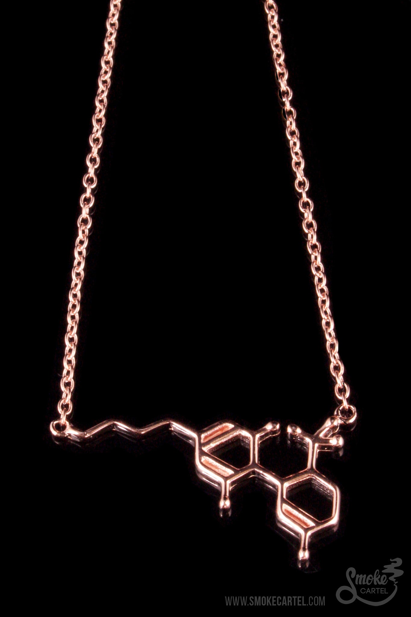 The Smoke Cartel THC Molecule Bracelet is displayed in a close-up shot, showcasing its delicate, interconnected design.