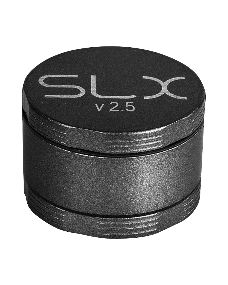 A close-up, angled view of the SLX Ceramic Coated 2.5" Medium Grinder, showing its sleek, metallic finish.