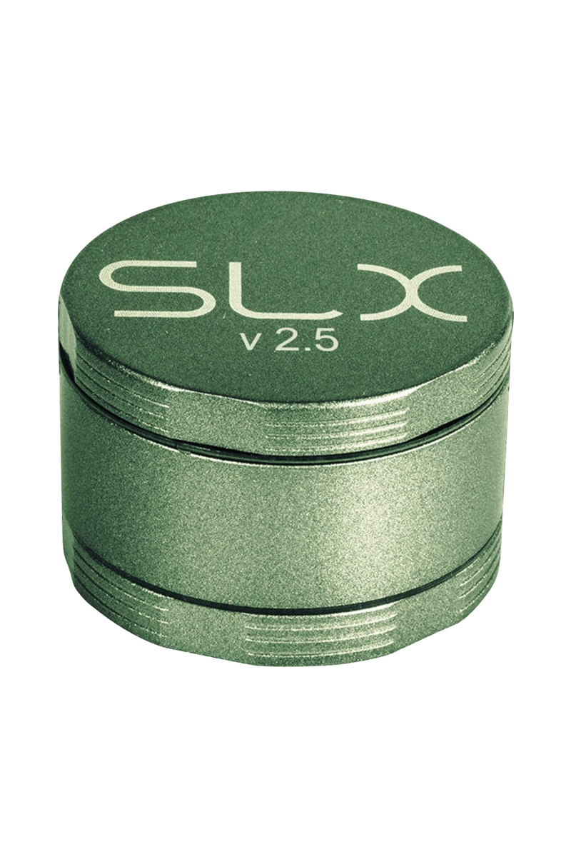 A close-up, angled view of the SLX Ceramic Coated 2.5" Medium Grinder, showcasing its metallic finish and circular design.