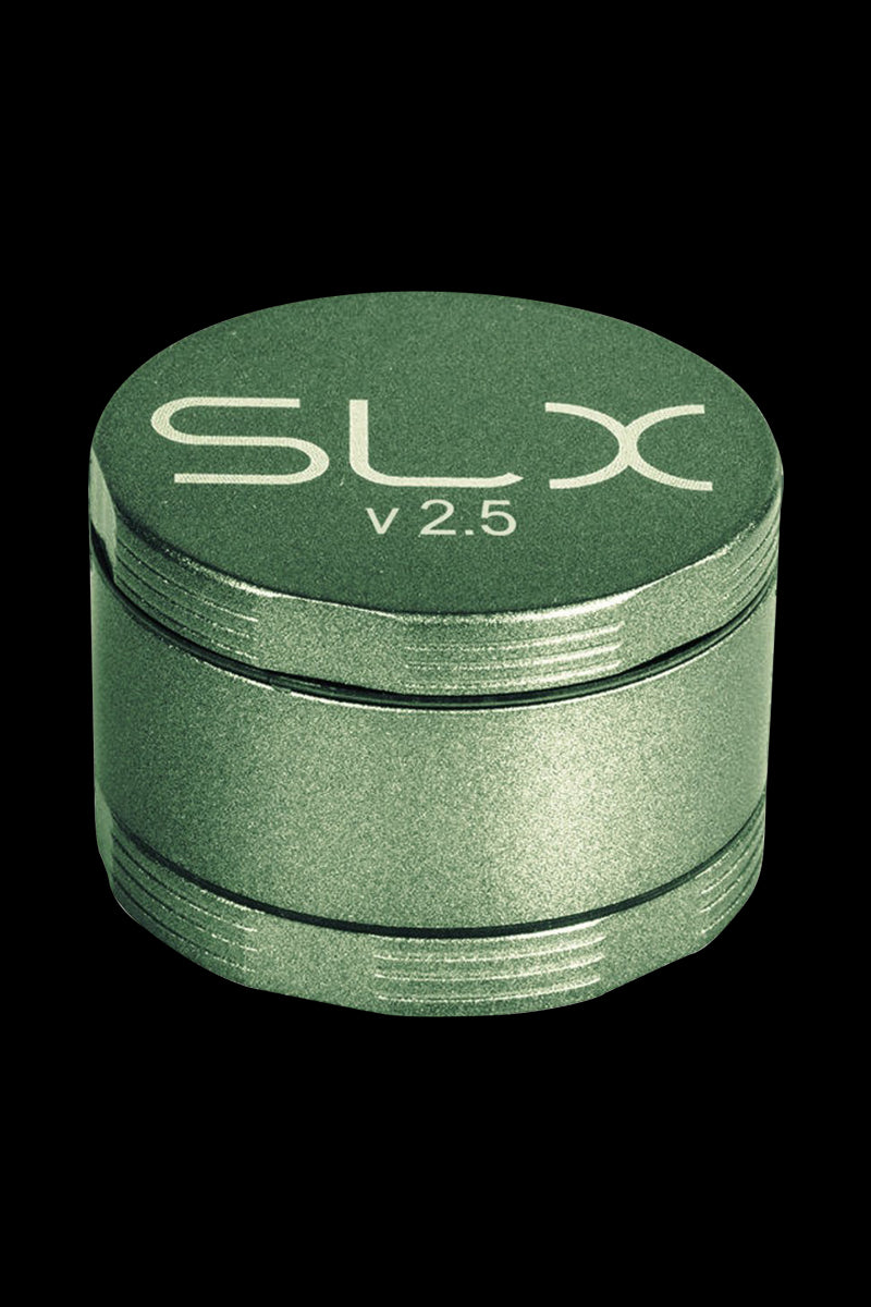 A close-up shot of the SLX Ceramic Coated 2.5" Medium Grinder, showcasing its metallic finish and cylindrical shape.