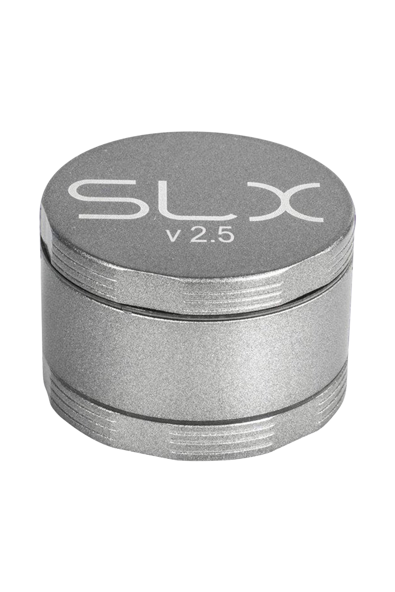 A close-up, top-down view of the SLX Ceramic Coated 2.5" Medium Grinder, showcasing its cylindrical metal design.