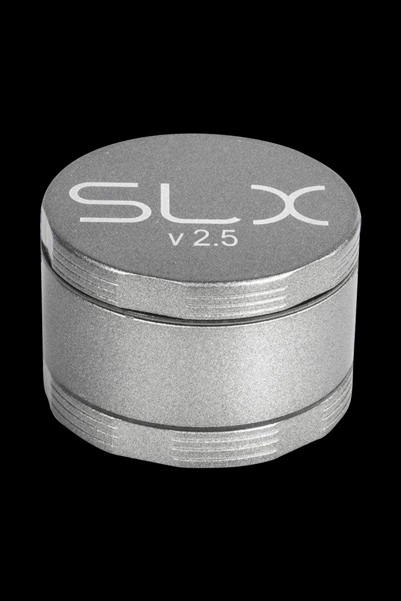 Front view of the SLX Ceramic Coated 2.5" Medium Grinder, showcasing its metallic finish and cylindrical shape.