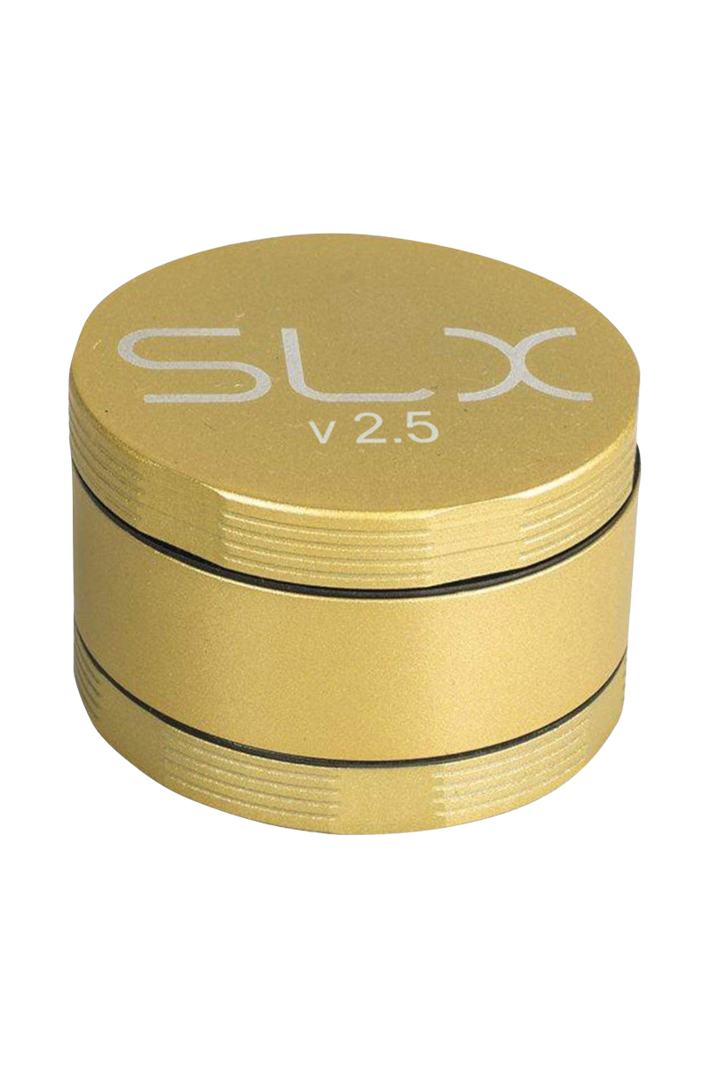 Front view of the SLX Ceramic Coated 2.5" Medium Grinder, showcasing its metallic finish and circular design.