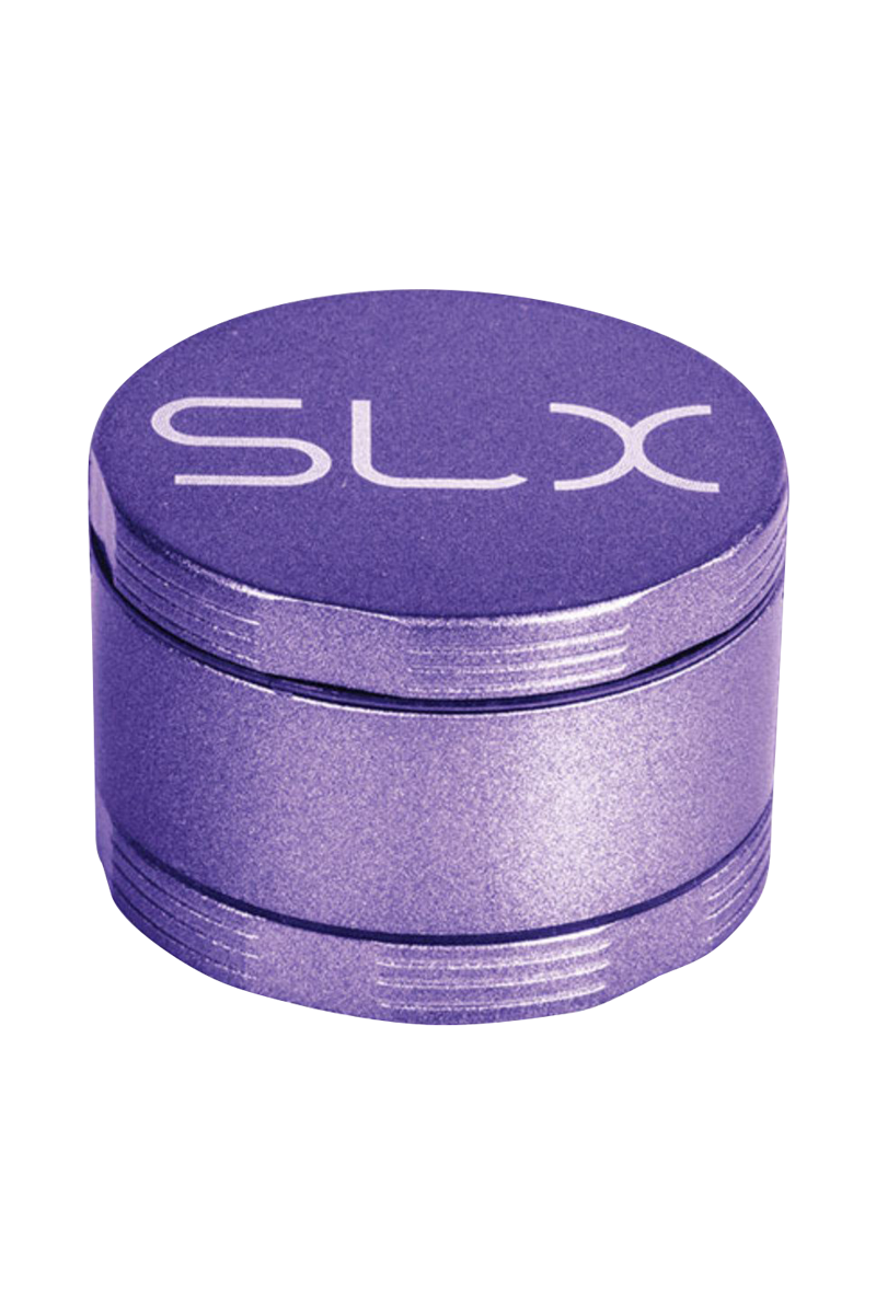 Top-down view of the purple SLX Ceramic Coated 2.2" Pocket Grinder showing its textured lid with white SLX logo.