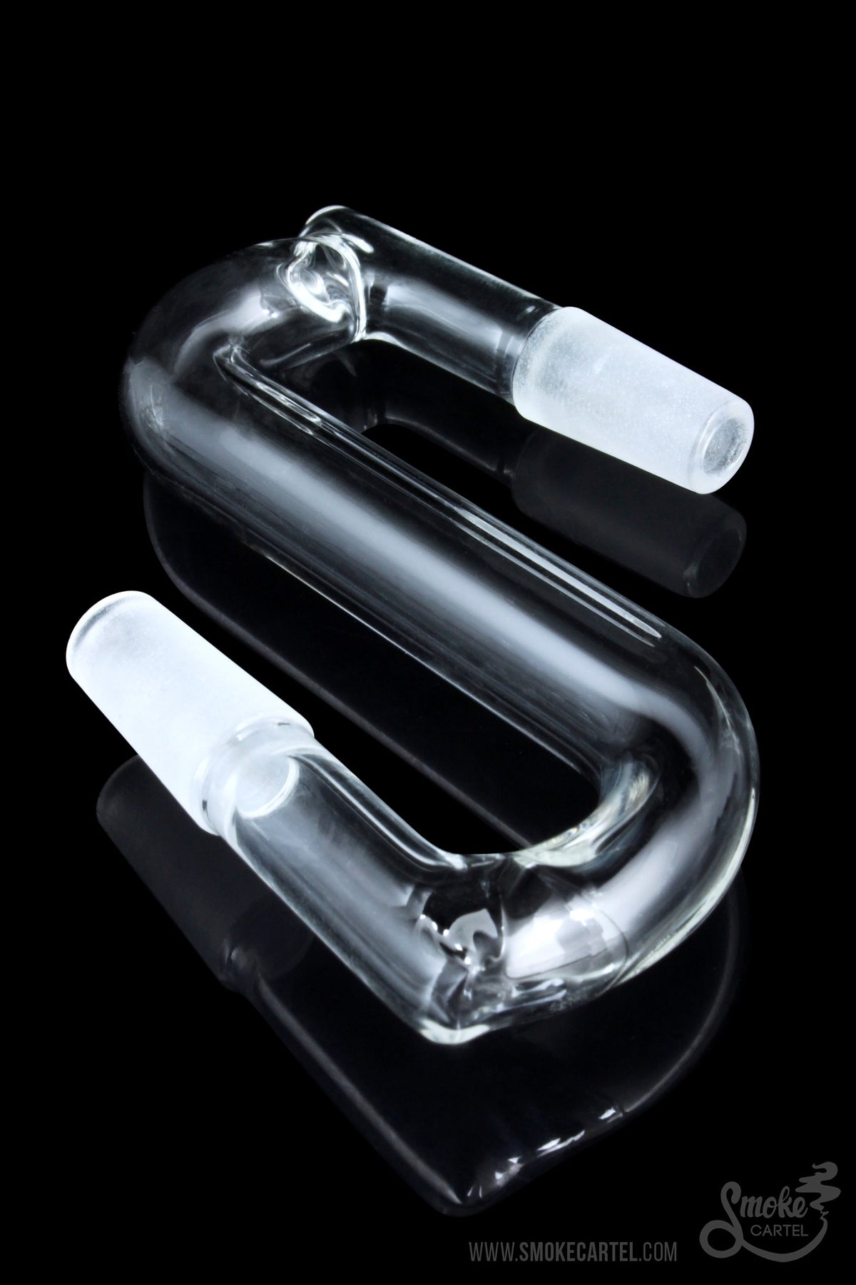 A studio shot of the Sleek and Simple Male to Male Curved Drop Down glass adapter, angled to showcase its smooth, curved form.