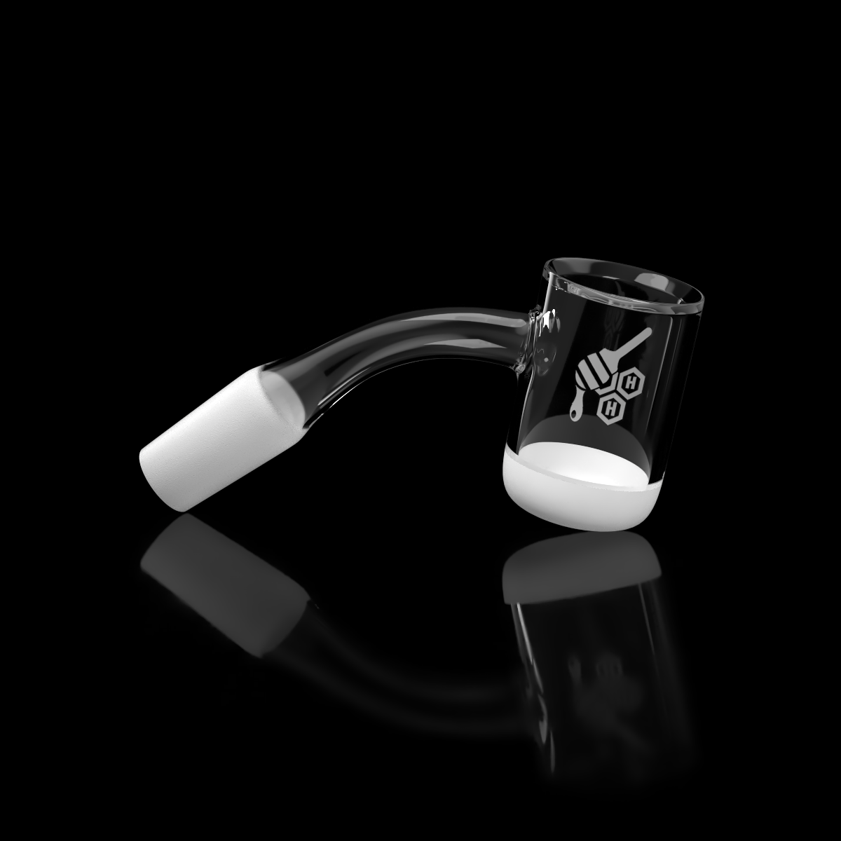 Glass dab rig nail with a bent neck and white accent, reflecting on a black surface.