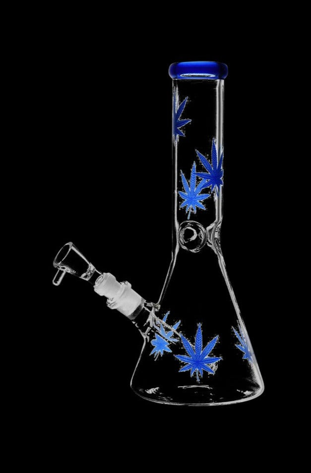Front view of the Sacre Bleu Leaf Print Beaker Glass Water Pipe, showcasing a clear glass beaker with a blue leaf pattern.
