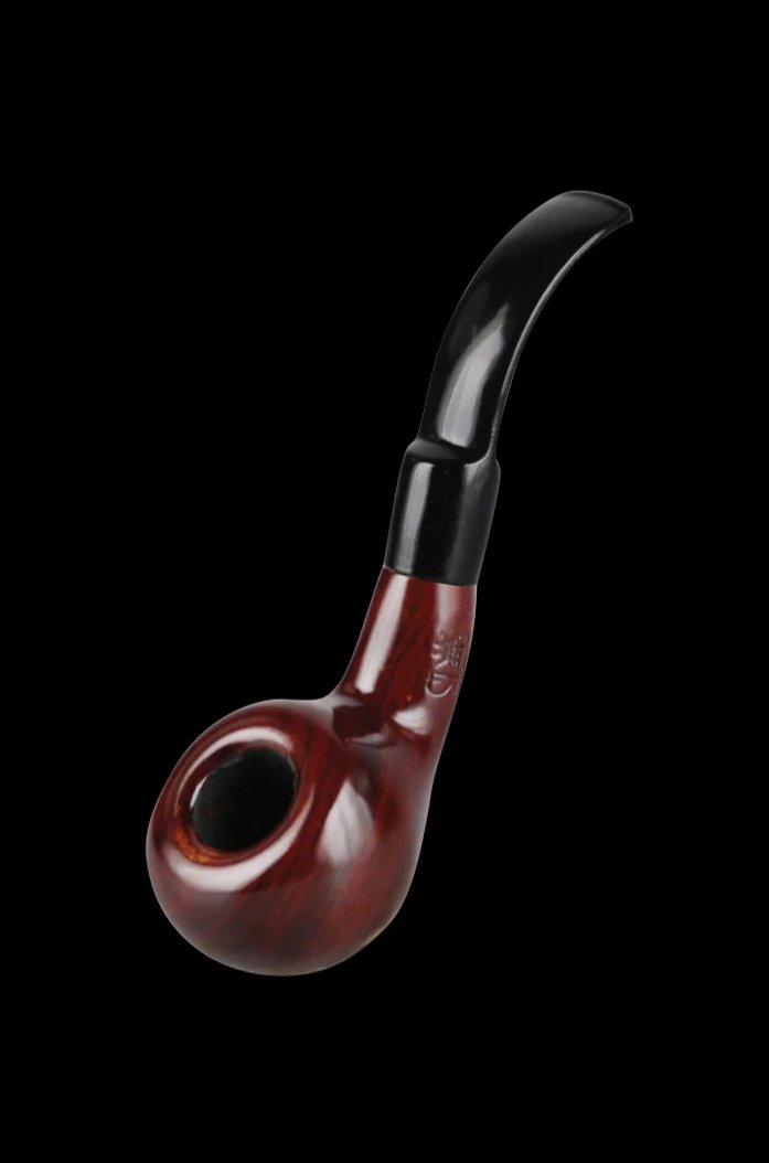 A side view of the Pulsar Bent Tomato Cherry Wood Sherlock pipe, showing its curved stem and wood-grain finish.