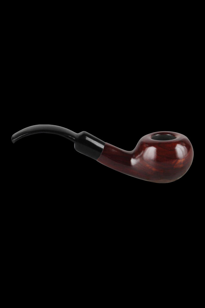 A side view of the Pulsar Bent Tomato Cherry Wood Sherlock pipe, showcasing its curved stem and polished wood finish.