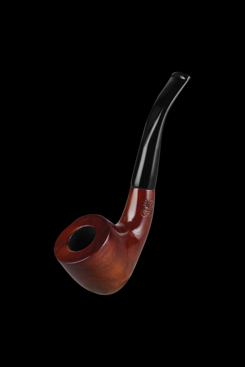 A side view of the Pulsar "Brandy" Classy Wooden Sherlock Pipe, showcasing its curved stem and polished wood finish.