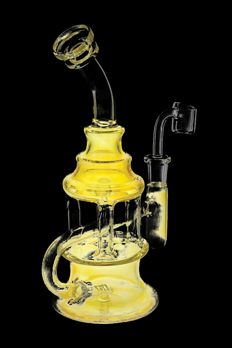 A three-quarter view of the Silver Fumed Scientific Oil Dab Rig - Circ Stack, showcasing its stacked perc design and silver fume coloring.