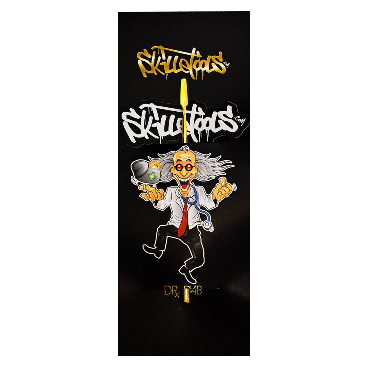 A vibrant illustration featuring the Skilletools Gold Series Dab Tools brand logo and design elements against a black background.