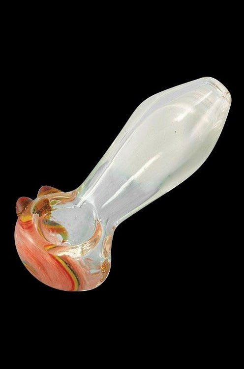 A slightly angled view of the Small Transparent w/ Spiral Glass Pipe, showing its clear glass and subtle spiral design.