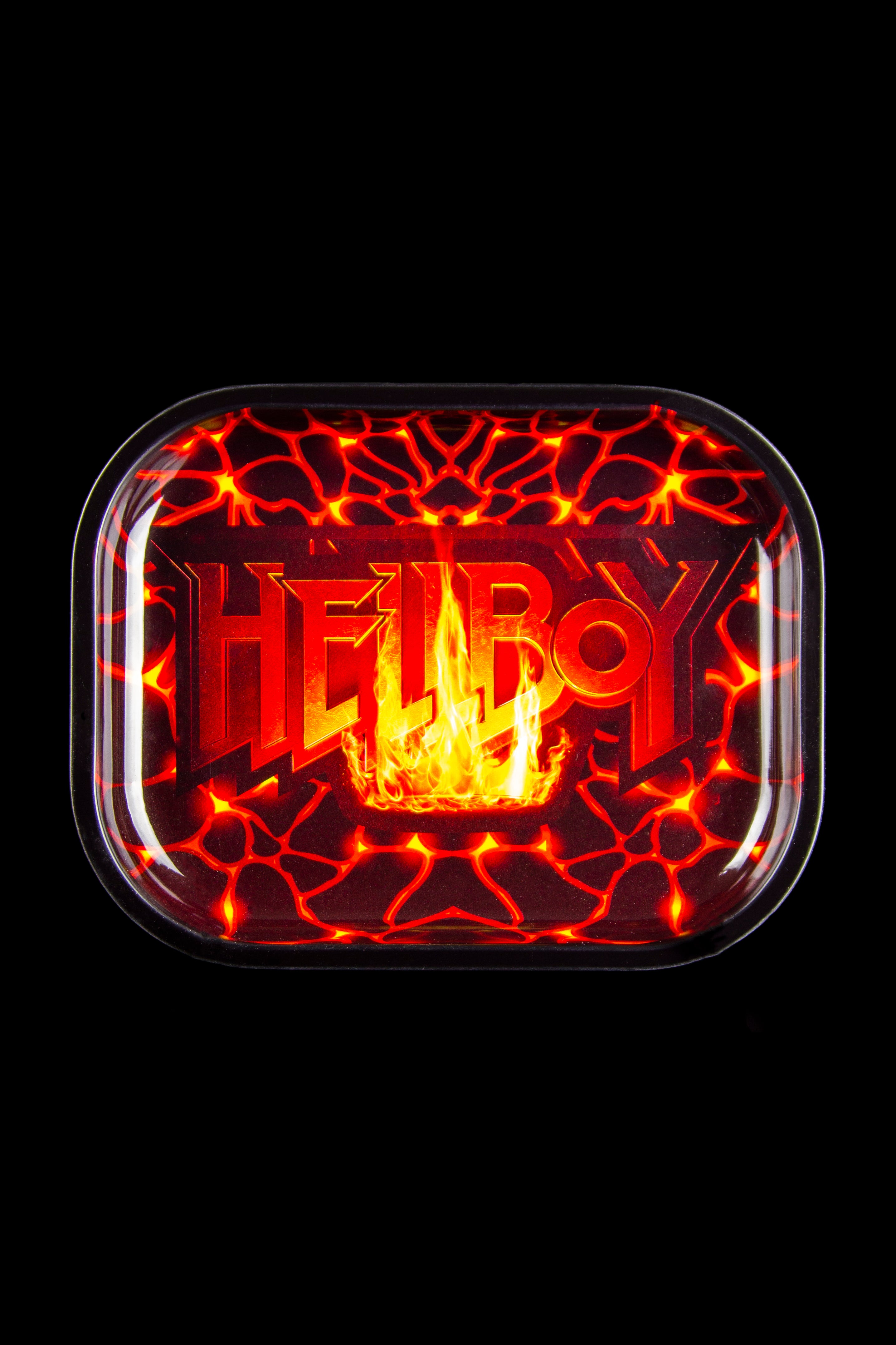 Red rolling tray with glowing “HELLBOY” lettering and flame design.