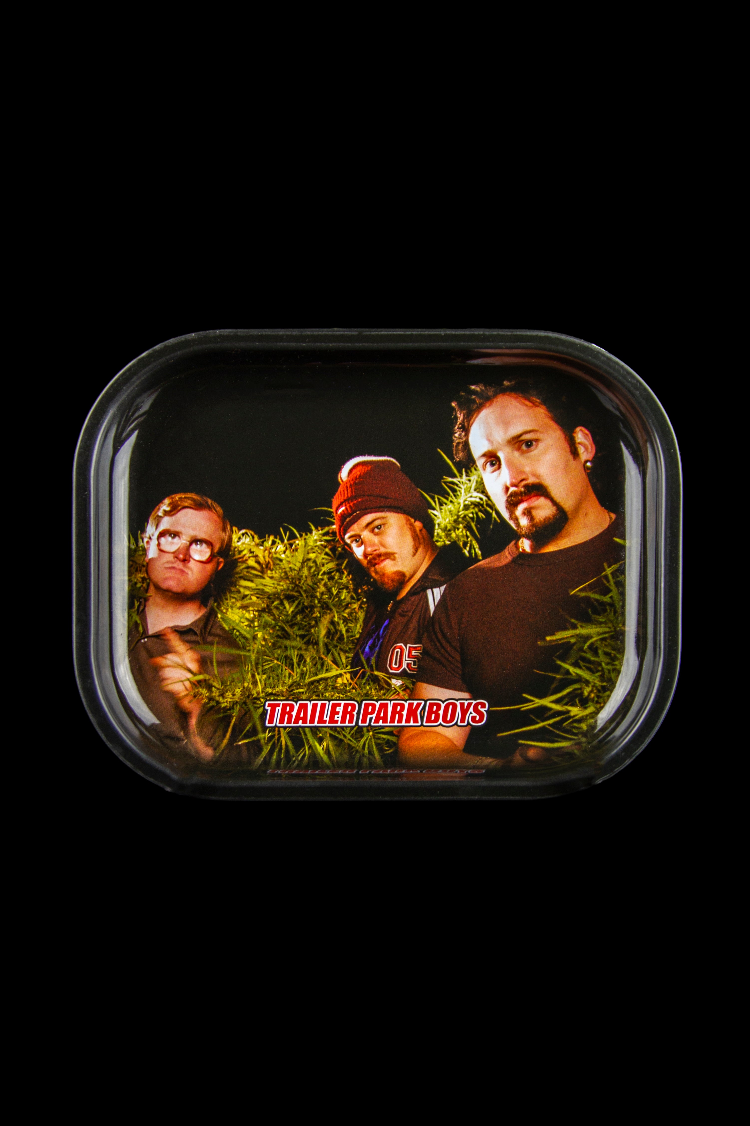 Metal rolling tray featuring characters from *Trailer Park Boys* surrounded by cannabis leaves.