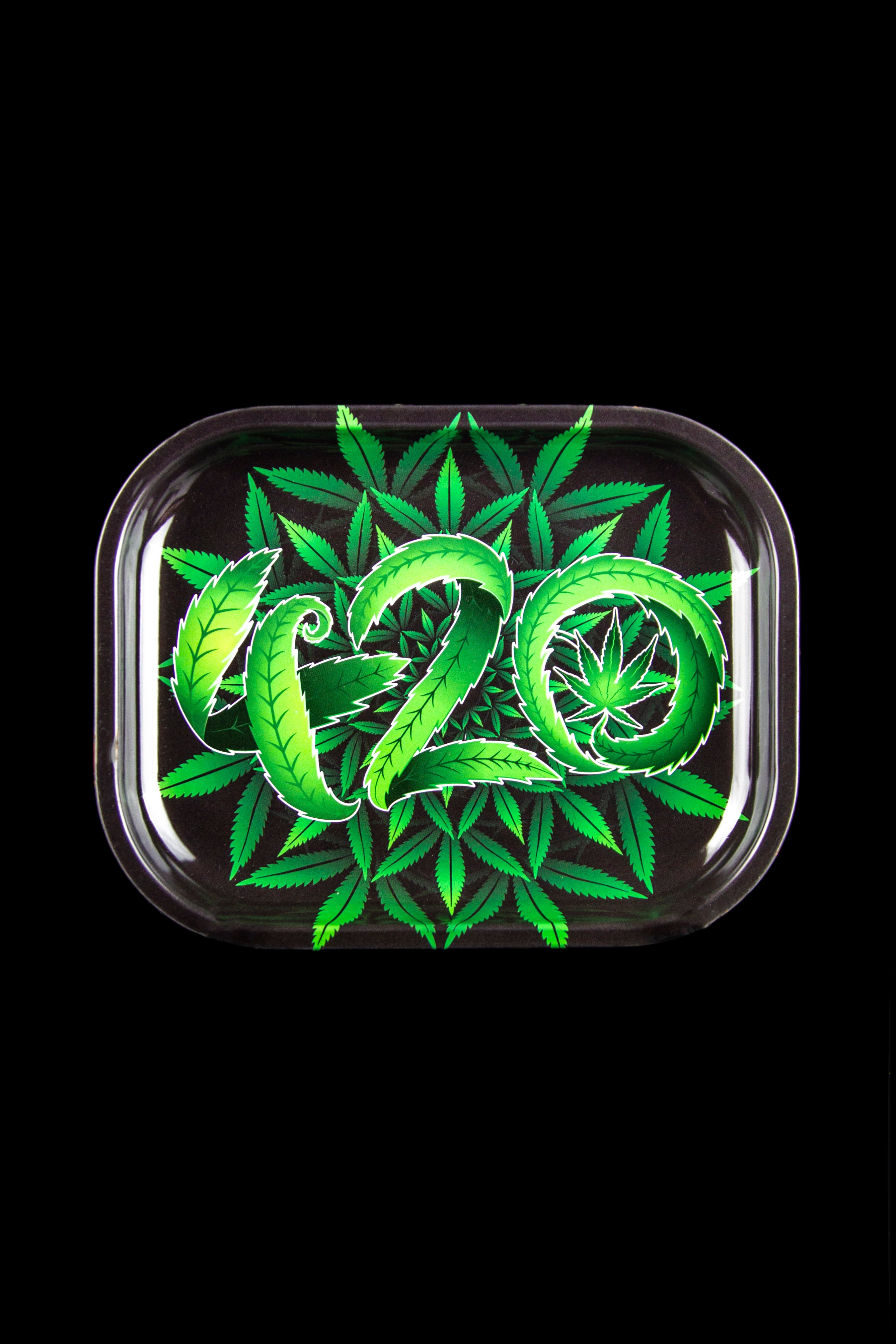 Clear rolling tray displaying the number "420" formed with cannabis leaves against a black background.