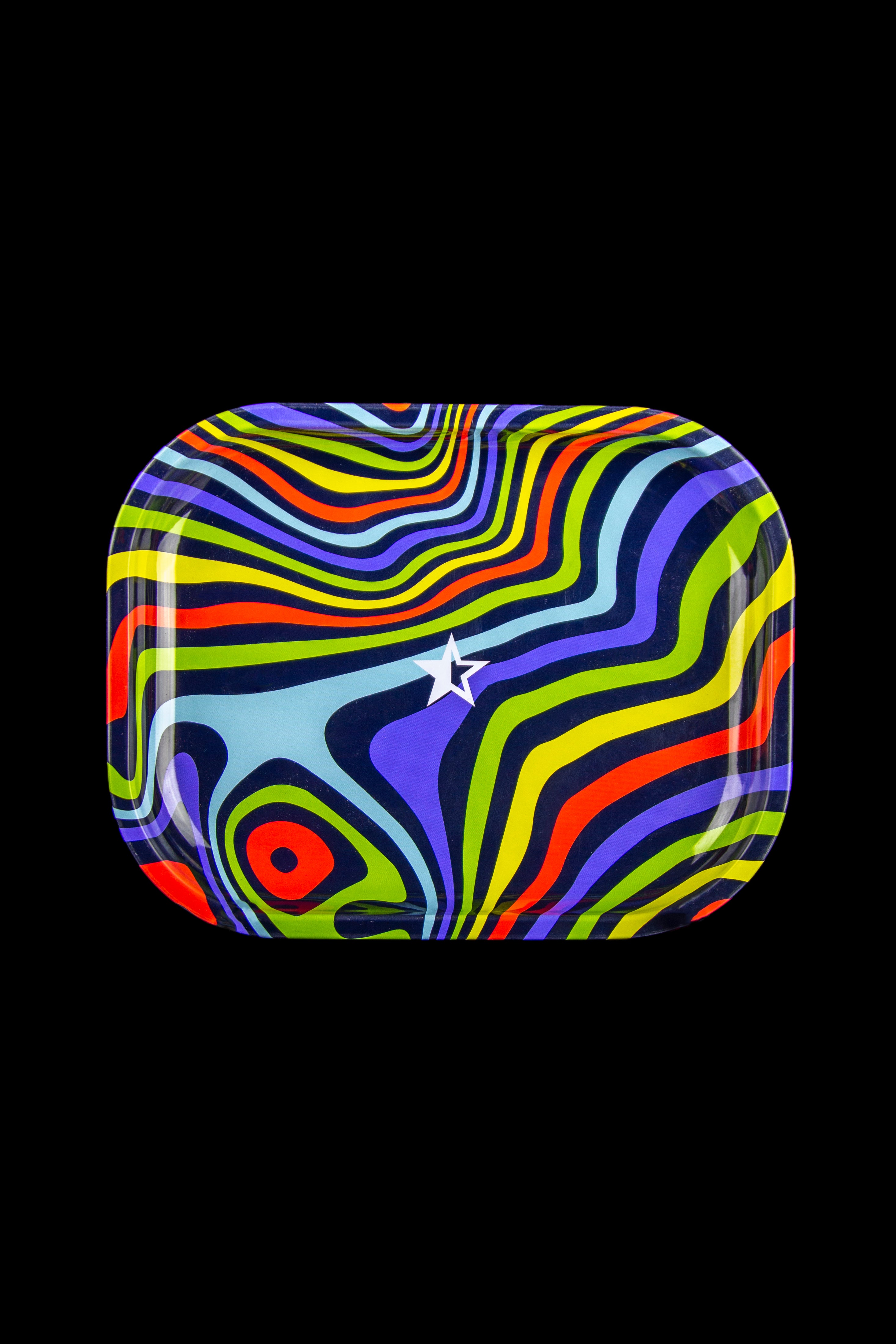Psychedelic rolling tray with swirling colorful stripes and a white star logo.