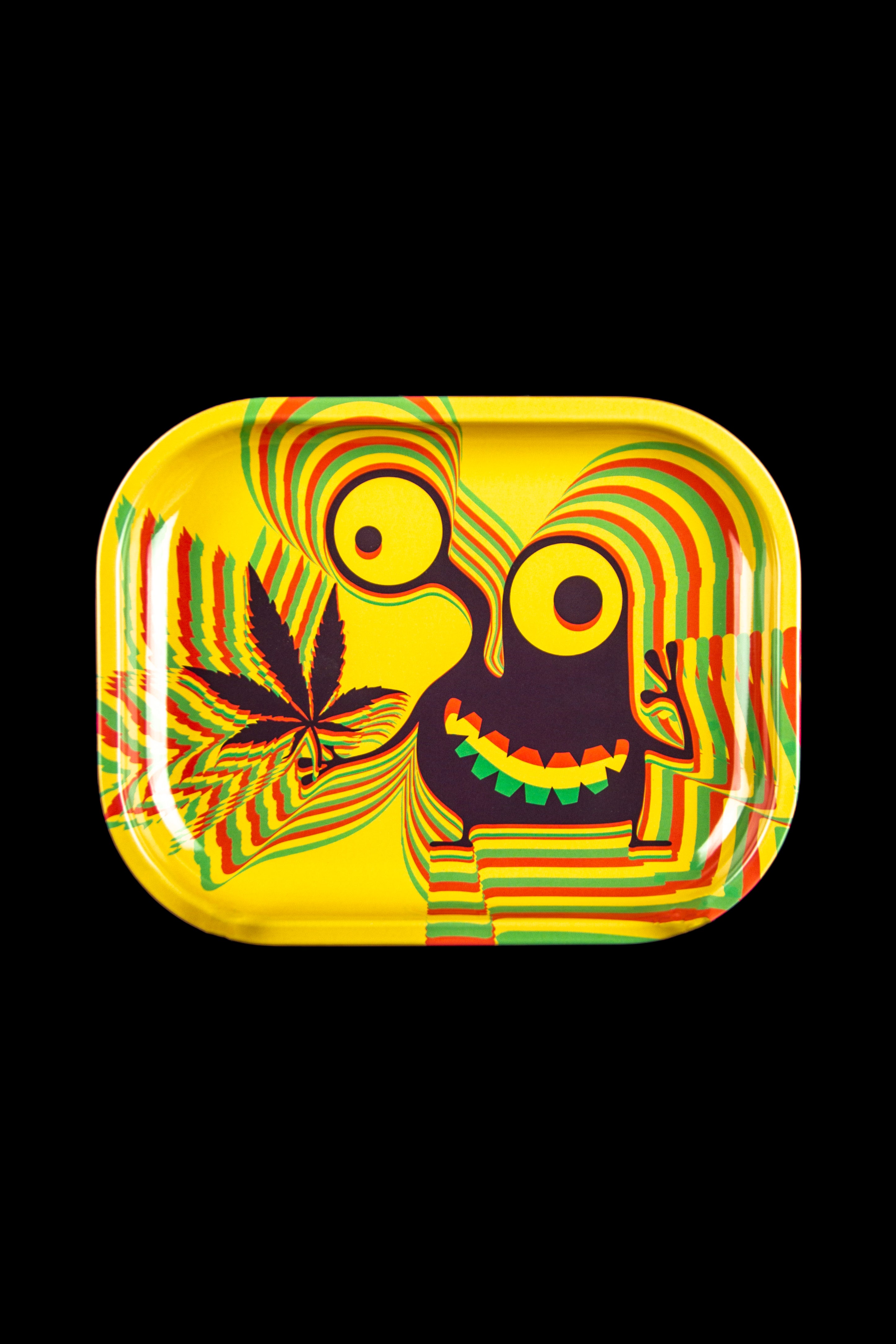 Colorful, psychedelic rolling tray featuring a cannabis leaf and distorted face design.